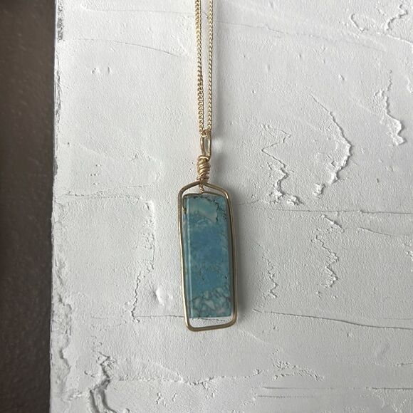 Turquoise Pendant Necklace Gold Wrap Long Chain 18" - Picture 2 of 3